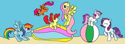 Size: 1493x534 | Tagged: safe, artist:violetandblaire, apple bloom, fluttershy, rainbow dash, rarity, scootaloo, sweetie belle, g4, beach, beach ball, blowing, bouncing, cutie mark crusaders, inflatable, inflating, rainblow dash