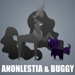 Size: 1280x1280 | Tagged: safe, artist:aha-mccoy, oc, oc only, oc:anonlestia, oc:buggy, original species, female, filly, head pat, mare, mother and daughter, offspring, parent:oc:anonlestia, parent:oc:glitch, parents:oc x oc, pat, pointy ponies, sharp teeth, smiling, teeth