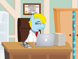 Size: 640x480 | Tagged: safe, artist:aha-mccoy, oc, oc only, oc:tony starkehuf, earth pony, pony, clothes, computer, diploma, doctor, glasses, lab coat, laptop computer, male, necktie, office, solo, stallion, stethoscope