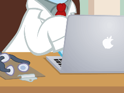 Size: 500x375 | Tagged: safe, artist:aha-mccoy, oc, oc only, oc:tony starkehuf, animated, clipboard, clothes, computer, head out of frame, lab coat, laptop computer, solo, stethoscope, typing