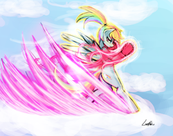 Size: 1854x1460 | Tagged: dead source, safe, artist:lumineko, rainbow dash, pegasus, pony, g4, action pose, alternate hairstyle, boxing gloves, champion, cloud, cloudy, dfo, dungeon fighter online, female, mare, ponytail, signature, sky, solo, video game crossover