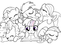 Size: 970x723 | Tagged: safe, artist:drawponies, applejack, fluttershy, gummy, pinkie pie, rainbow dash, rarity, spike, twilight sparkle, g4, book, cuddle puddle, cuddling, cute, daaaaaaaaaaaw, eyes closed, filly, floppy ears, mane seven, mane six, on back, open mouth, pillow, pony pile, prone, reading, sleeping, smiling, younger