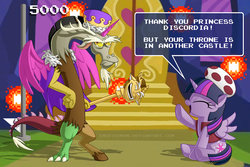 Size: 900x600 | Tagged: safe, artist:berrypawnch, discord, twilight sparkle, alicorn, pony, cape, clothes, cosplay, female, hat, in another castle, mare, mushroom hat, parody, princess discord, scepter, scowl, sitting, speech bubble, super mario bros., toad (mario bros), trollcord, trolled, trollface, trollight sparkle, trolling, twilight sparkle (alicorn), vest