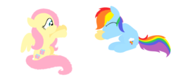 Size: 1024x465 | Tagged: safe, artist:violetandblaire, fluttershy, rainbow dash, g4, armband, blowing, eyes closed, floaty, inflatable, inflation, rainblow dash, sitting, smiling, spread wings, water wings