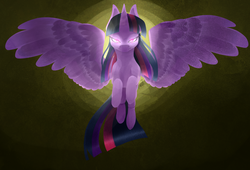 Size: 2200x1500 | Tagged: safe, artist:neonbing, twilight sparkle, alicorn, pony, g4, female, flying, glowing eyes, mare, solo, spread wings, twilight sparkle (alicorn)