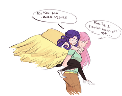 Size: 1280x1015 | Tagged: safe, artist:demdoodles, fluttershy, rarity, human, g4, carrying, dialogue, duo, humanized, piggyback ride, put me down, scared, simple background, spread wings, white background, winged humanization