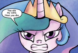 Size: 498x341 | Tagged: safe, idw, princess celestia, g4, cakelestia, exploitable meme, female, glarelestia, meme, solo