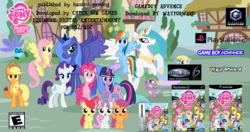 Size: 6856x3632 | Tagged: safe, apple bloom, applejack, derpy hooves, fluttershy, pinkie pie, princess celestia, princess luna, rainbow dash, rarity, scootaloo, spike, sweetie belle, twilight sparkle, parasprite, pegasus, pony, g4, check six studios, cutie mark crusaders, e rating, equinox digital entertainment, esrb, exploitable meme, fake, female, game boy advance, gamecube, hasbro gaming, mane six, mare, meme, playstation 2, wayforward