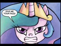 Size: 1024x768 | Tagged: safe, idw, princess celestia, g4, angry, exploitable meme, female, give me your face, glarelestia, meme, solo, transformers