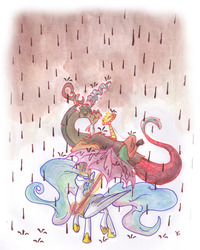 Size: 1280x1599 | Tagged: safe, artist:frankilew, discord, princess celestia, g4, chocolate rain, female, male, ship:dislestia, shipping, straight, traditional art, umbrella, watercolor painting