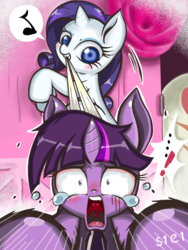 Size: 1200x1600 | Tagged: safe, artist:anchor, rarity, twilight sparkle, pony, unicorn, friendship is magic, g4, season 1, abuse, duo, duo female, female, horn, pixiv, scared, scene interpretation, twilybuse, unicorn twilight