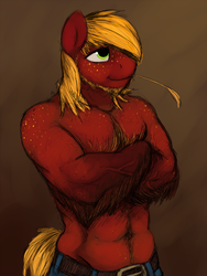 Size: 1500x2000 | Tagged: safe, artist:gordonfreeguy, big macintosh, earth pony, anthro, g4, abs, beard, belly button, belt, biceps, chest hair, clothes, crossed arms, fluffy, freckles, great macintosh, handsome, male, muscles, muscular male, pants, shoulder freckles, solo, straw in mouth, stupid sexy big macintosh, topless, vein