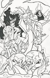 Size: 719x1111 | Tagged: safe, artist:ponygoddess, discord, king sombra, lord tirek, nightmare moon, queen chrysalis, sunset shimmer, trixie, oc, oc:fluffle puff, pony, g4, antagonist, black and white, grayscale, lineart, monochrome