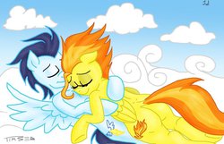 Size: 1024x658 | Tagged: safe, artist:pluckyninja, soarin', spitfire, semi-anthro, g4, butt, cloud, cloudy, colored, cuddling, female, firebutt, male, old cutie mark, plot, ship:soarinfire, shipping, sleeping, snuggling, spread wings, straight, stupid sexy spitfire