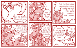 Size: 800x503 | Tagged: safe, artist:vavacung, princess celestia, princess luna, comic:when villain win, g4, alternate universe, clothes, comic, interspecies, monochrome, ship:chryslestia, shipping