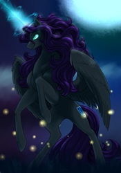 Size: 978x1400 | Tagged: safe, artist:leovictor, artist:sevireth, oc, oc only, oc:nyx, alicorn, firefly (insect), pony, :o, alicorn oc, blue moon, colored, glare, glowing horn, horn, magic, night, older, older nyx, rearing, regal, serious, solo, spread wings