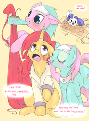 Size: 1000x1350 | Tagged: safe, artist:cindacry, rarity, oc, oc:aila, g4, ask-aila, bathrobe, brush, clothes, dialogue, grooming, makeup, mouth hold, mud, mud bath, not fluttershy, robe, sitting, spa, spa twins, suddenly hands, working