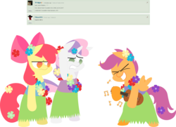 Size: 2969x2149 | Tagged: safe, artist:zacatron94, apple bloom, scootaloo, sweetie belle, earth pony, pony, g4, bipedal, clothes, cutie mark crusaders, grass skirt, high res, hula, hulabelle, hulabloom, hulaloo, lei, musical instrument, request, simple background, skirt, transparent background, ukulele