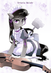 Size: 600x850 | Tagged: safe, artist:yukina-namagaki, octavia melody, earth pony, pony, semi-anthro, g4, broom, cello, clothes, female, looking at you, maid, mare, musical instrument, solo