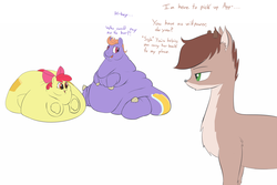 Size: 1500x1000 | Tagged: dead source, safe, artist:calorie, apple bloom, oc, oc:calorie, oc:roe, deer, earth pony, pony, g4, alternate cutie mark, apple blob, bhm, blob, calorie, dialogue, fat, female, filly, foal, immobile, male, morbidly obese, obese, roe and calorie: two and a half stallions, simple background, trio, white background