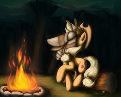 Size: 3150x2520 | Tagged: safe, artist:otakuap, applejack, oc, oc:fluffy the bringer of darkness, earth pony, giant moth, insect, moth, pony, g4, animal, campfire, facemoth, female, fire, freckles, giant insect, hat, high res, log, mare, raised hoof, raised leg, redraw, solo, tree