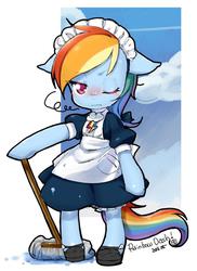 Size: 601x826 | Tagged: safe, artist:mococo, rainbow dash, pegasus, angry, bipedal, blushing, broom, clothes, cute, dashabetes, female, looking at you, maid, one eye closed, rainbow dash always dresses in style, rainbow maid, solo, tsundere