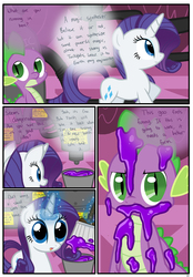 Size: 1741x2500 | Tagged: safe, artist:pyruvate, rarity, spike, goo, comic:dragon queen, g4, bucket, comic, dialogue