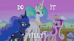 Size: 1280x720 | Tagged: safe, edit, edited screencap, screencap, princess cadance, princess celestia, princess luna, g4, my little pony: friendship is magic, twilight's kingdom, do it filly