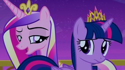 Size: 1920x1080 | Tagged: safe, screencap, princess cadance, twilight sparkle, alicorn, pony, g4, twilight's kingdom, duo, duo female, female, lidded eyes, mare, sisters-in-law, twilight sparkle (alicorn)