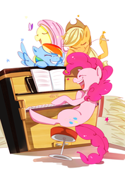 Size: 2480x3507 | Tagged: safe, artist:daikoku, applejack, fluttershy, pinkie pie, rainbow dash, butterfly, earth pony, pegasus, pony, g4, applejack's hat, cowboy hat, eyes closed, female, hat, high res, mare, musical instrument, open mouth, open smile, piano, pixiv, sitting, smiling, spread wings, stool, wings