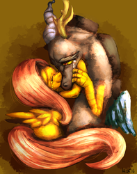 Size: 846x1074 | Tagged: safe, artist:nekubi, discord, fluttershy, draconequus, pegasus, pony, g4, comforting, crying, cute, discute, duo, female, hug, male, sad, shyabetes