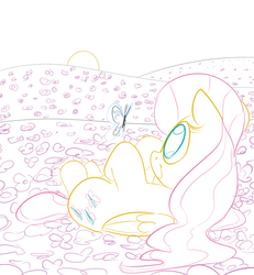 Size: 1041x1127 | Tagged: safe, artist:dotkwa, fluttershy, butterfly, g4, female, flower, on back, partial color, solo, sunset