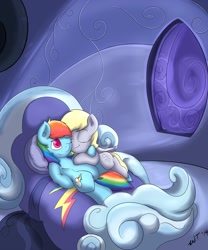 Size: 1280x1536 | Tagged: safe, artist:thenicestperson, derpy hooves, rainbow dash, pegasus, pony, g4, bed, cuddling, female, lesbian, mare, rainbow dash's bedroom, rainbow dash's house, ship:derpydash, shipping, snuggling
