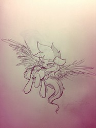 Size: 764x1024 | Tagged: safe, artist:black dog, rainbow dash, g4, female, flying, grayscale, monochrome, solo, spread wings, traditional art