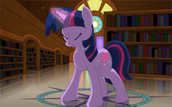 Size: 1920x1200 | Tagged: safe, artist:hydrusbeta, twilight sparkle, g4, book, female, library, magic, magic circle, solo