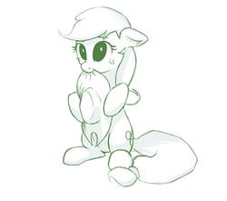 Size: 750x664 | Tagged: safe, artist:junkiekb, applejack, g4, :t, biting, cute, female, floppy ears, hat, hat bite, hoof hold, jackabetes, monochrome, mouth hold, nom, scrunchy face, sitting, smiling, solo