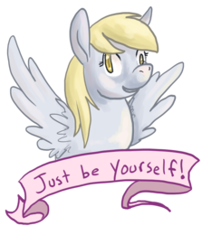 Size: 600x673 | Tagged: safe, artist:asofterbucky, artist:checkers, derpy hooves, pegasus, pony, g4, female, mare, mouthpiece, old banner, positive message, positive ponies, solo
