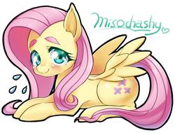 Size: 883x671 | Tagged: safe, artist:mococo, fluttershy, pegasus, pony, g4, blushing, cute, eyebrows, female, prone, shyabetes, simple background, solo, sweat