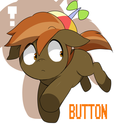 Size: 630x670 | Tagged: safe, artist:oniku, button mash, earth pony, pony, g4, blank flank, colt, floppy ears, foal, hat, hooves, male, propeller hat, running, solo, text