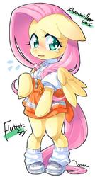 Size: 427x798 | Tagged: safe, artist:mococo, fluttershy, g4, bipedal, blushing, clothes, crying, cute, female, shoes, shyabetes, simple background, sneakers, solo, stupid sexy fluttershy, sweat, waitress