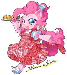 Size: 709x790 | Tagged: safe, artist:mococo, pinkie pie, g4, bipedal, bow, clothes, cute, diapinkes, dress, female, food, hair bow, one eye closed, open mouth, simple background, solo, waitress, wink
