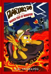 Size: 568x824 | Tagged: safe, daring do, bat, bear, beaver, crow, rabbit, daring do adventure collection, daring do and the marked thief of marapore, g4, book, book cover, g.m. berrow, lava, mind control, mojo, red eyes, red eyes take warning, volcano