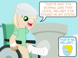 Size: 640x480 | Tagged: safe, artist:aha-mccoy, oc, oc only, oc:jay aaron mclovin, oc:tony starkehuf, earth pony, pony, bed pan, cast, male, offscreen character, speech bubble, stallion, wheelchair