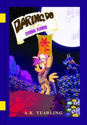 Size: 614x875 | Tagged: safe, ahuizotl, daring do, daring do adventure collection, daring do and the eternal flower, g4, book, book cover, flower, flower field, g.m. berrow, mare in the moon, moon