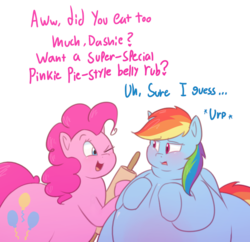 Size: 726x704 | Tagged: safe, artist:secretgoombaman12345, pinkie pie, rainbow dash, pony, ask chubby diamond, g4, burp, fat, morbidly obese, obese, piggy pie, pudgy pie, rainblob dash, rolling pin, stuffed, stuffing, wink