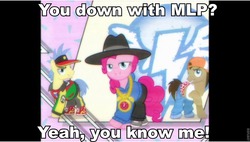 Size: 960x544 | Tagged: safe, screencap, doctor whooves, goldengrape, pinkie pie, sir colton vines iii, time turner, g4, testing testing 1-2-3, clothes, image macro, meme, naughty by nature, o.p.p., rapper pie, song reference, tank top