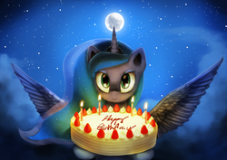 Size: 5000x3535 | Tagged: safe, artist:anticular, princess luna, alicorn, pony, g4, birthday cake, cake, female, food, happy birthday, looking at you, mare, moon, night, smiling, solo