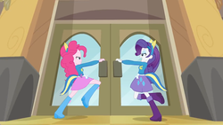 Size: 1280x720 | Tagged: safe, screencap, pinkie pie, rarity, equestria girls, g4, my little pony equestria girls, balloon, boots, clothes, door, helping twilight win the crown, high heel boots, jewelry, raised leg, skirt, wondercolts uniform