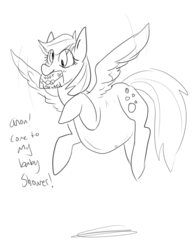 Size: 780x1000 | Tagged: safe, artist:dolly, derpy hooves, pegasus, pony, g4, belly, female, flying, invitation, letter, mare, monochrome, pregnant, sketch, solo