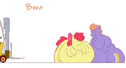 Size: 814x442 | Tagged: safe, artist:secretgoombaman12345, apple bloom, oc, oc:calorie, oc:roe, deer, pony, g4, animated, apple blob, bhm, blob, calorie, fat, forklift, morbidly obese, obese, roe and calorie: two and a half stallions